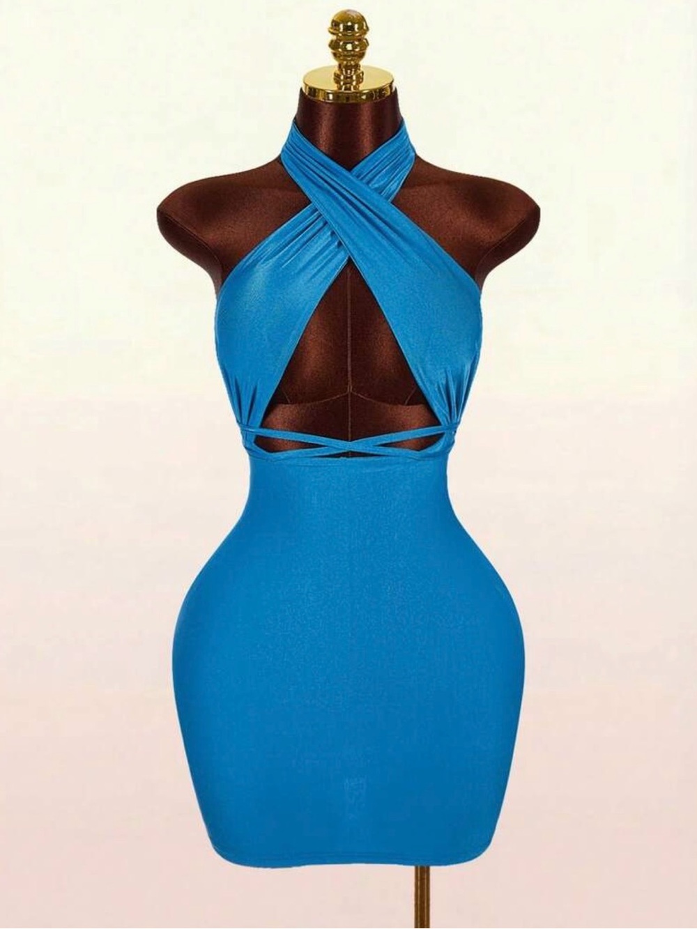 Blue Cross-Halter Bodycon Dress